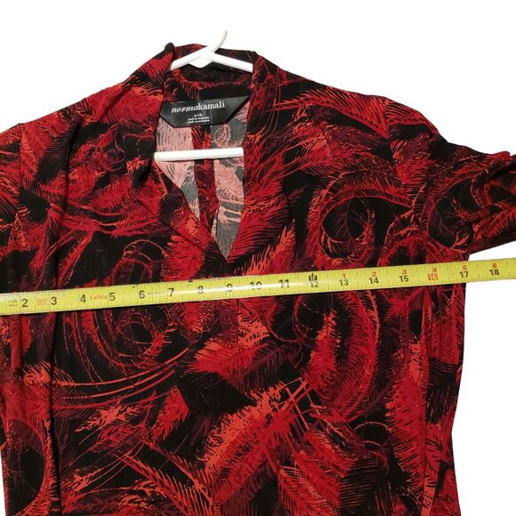 Norma Kamali Red Black Feather Print Size Small Faux Wrap Side Ruched Dress - Picture 2 of 9